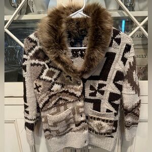 Adorable Ralph Lauren Brown and Cream Knit Cardigan with Faux Fur.